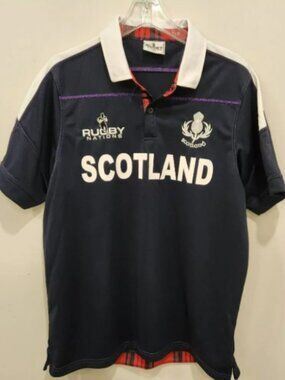 Vintage Rugby Nations Scotland Polo Shirt Mens Large Black Tartan Trim